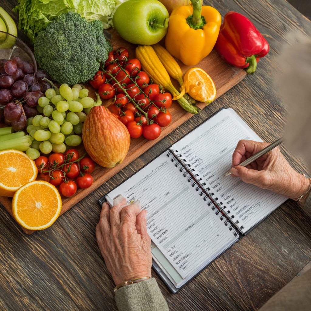 Healthy meal planning notebook with fresh ingredients and nutritious dishes arranged by senior woman
