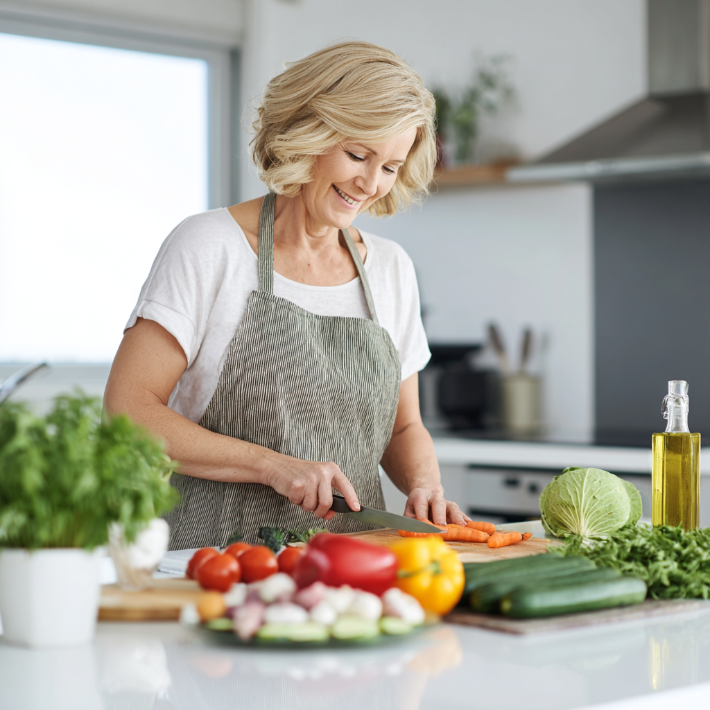 Middle-aged woman preparing fresh vegetables in modern kitchen